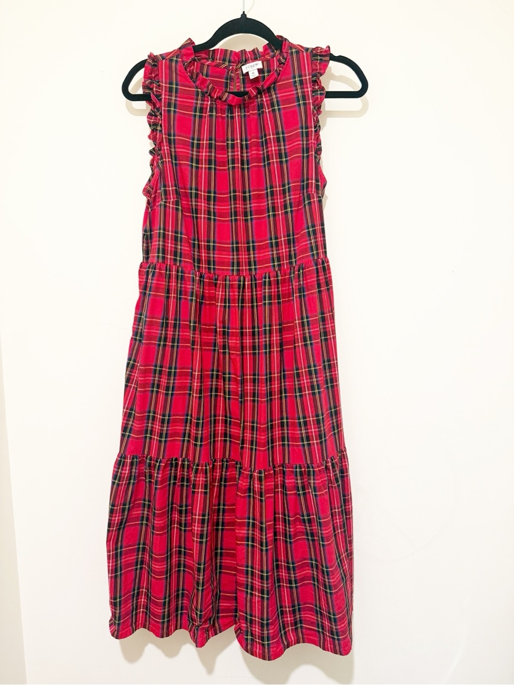 J. Crew Red Plaid Tiered Midi Dress